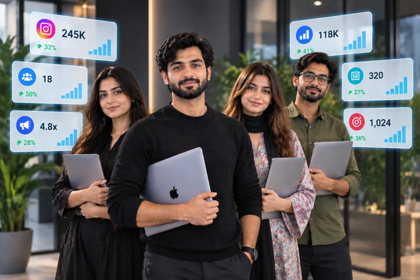 A marketing agency team reviewing campaign results