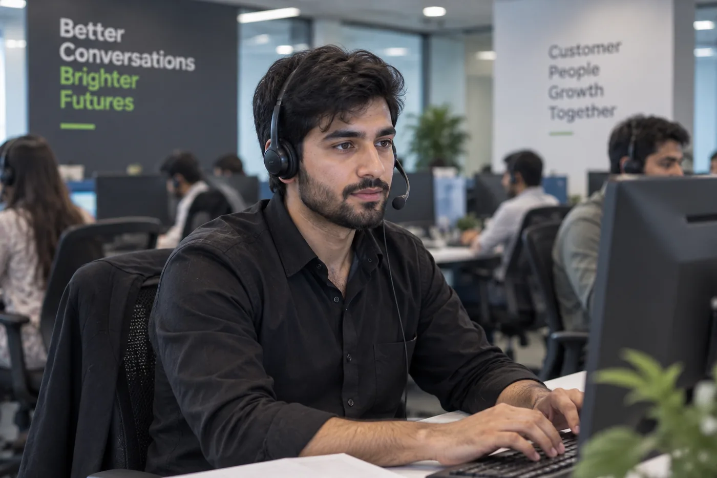 A BB Virtual support agent on a headset answering customers